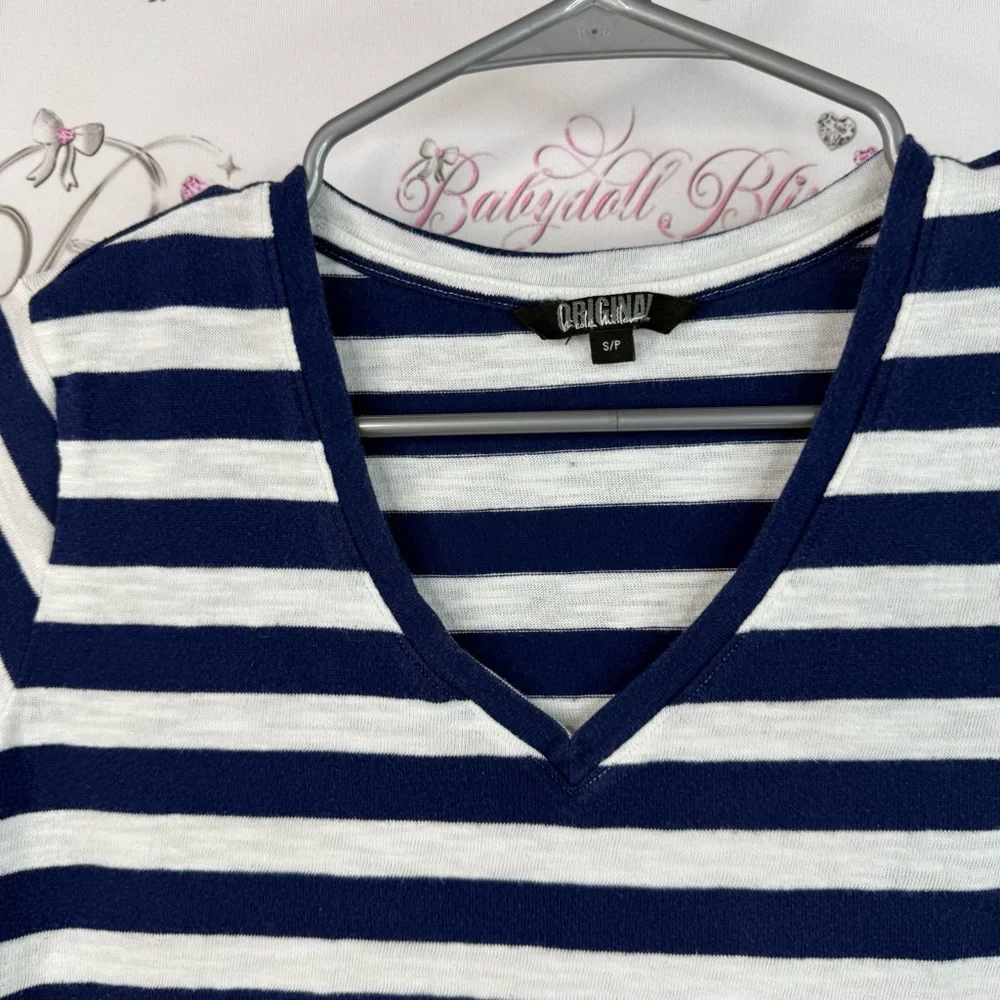 Nicole Miller T-shirt, stripes V-neck Striped navy blue and white Women's Top - Picture 6 of 11